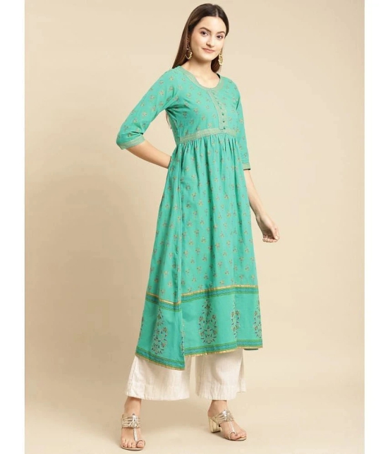 Rangita Women 100% Cotton Teal Gold Printed Calf Length Flared Kurti - None