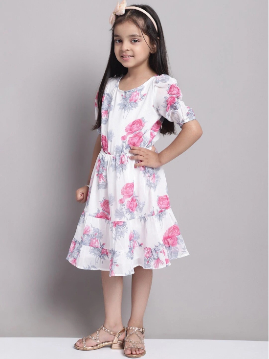 MINI & MING Girls Floral Print Puff Sleeve Georgette Fit & Flare Dress