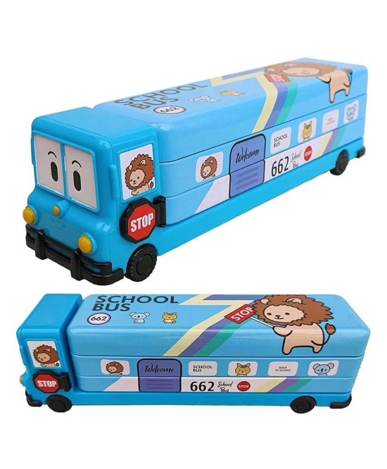 School Bus Metal Pencil Box Geometry Box With Sharpener Cartoon Printed Dual Compartment Space Bus,