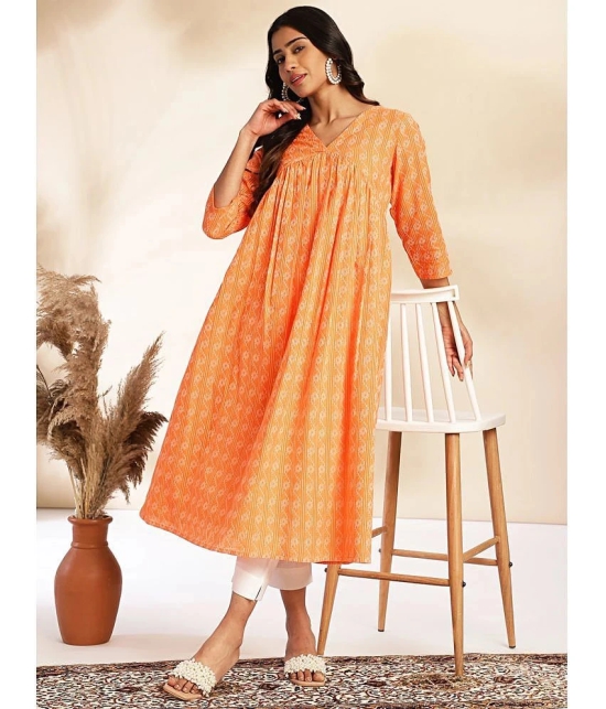 Janasya Cotton Printed A-line Womens Kurti - Orange ( Pack of 1 ) - None