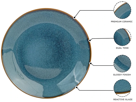 Handcrafted Reactive Glaze Ceramic Dinner Plates, 4 Pieces Serving for 4, Microwave and Dishwasher Safe, Bone-ash Free, Full Plate Set Crockery for Dining and Gifting, Greenish Blue