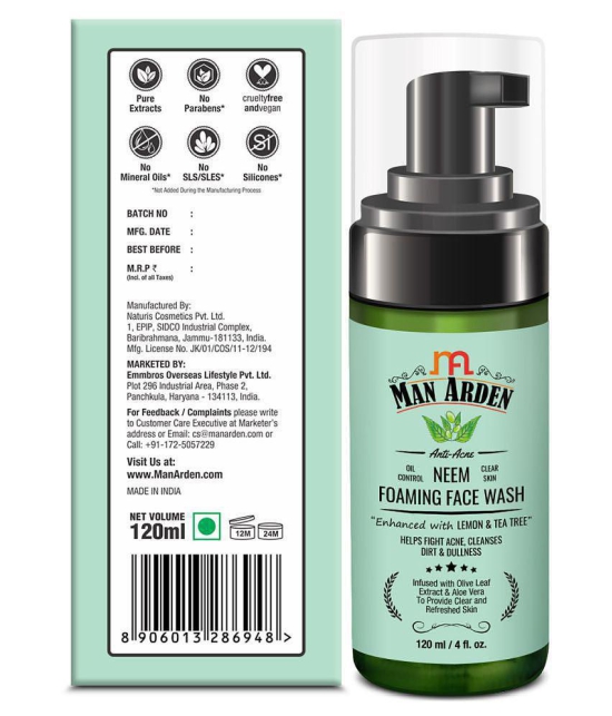 Man Arden Anti-Acne Neem Foaming Face Wash - Helps Fight Acne, Cleanses Dirt And Dullness - Infused With Olive Leaf Extract And Aloe Vera, 120ml