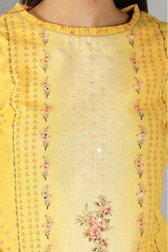 Yellow straight fit printed Kurta set with Dupatta