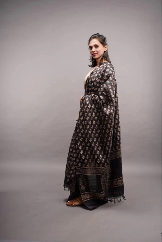 Tisser Kosa (Tussar) Silk Dupatta With Hand BlockPrint