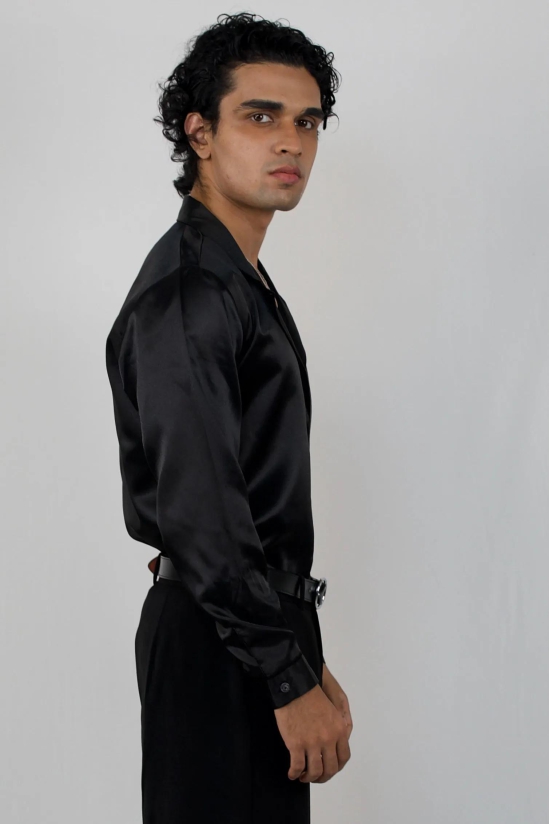 Satin lapel collar shirt-Black / XL