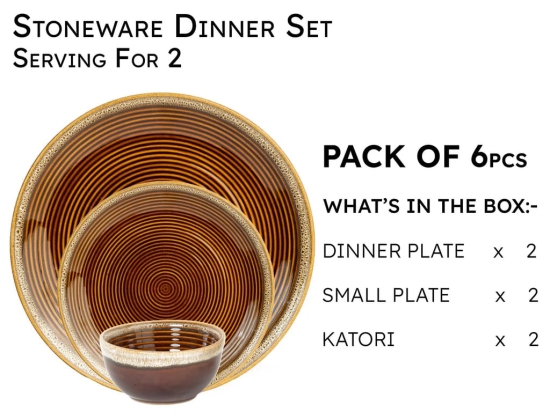 Handcrafted Stoneware Reactive Glaze Ceramic Dinner Set, 6 Pieces Serving for 2, Microwave and Dishwasher Safe, Bone-ash Free, Crockery Set for Dining and Gifting, Peanut Brown