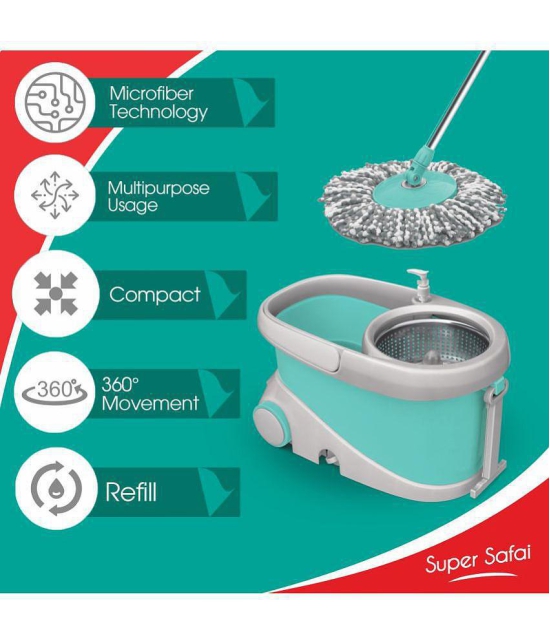 Spotzero by Milton Prime Spin Mop with Big Wheels and Stainless Steel Wringer, Bucket Floor Cleaning and Mopping System,2 Microfiber Refills,Aqua Green - Sea Green