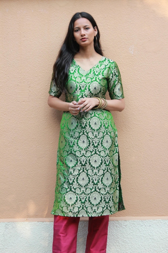 Green Brocade Kurta And Pants-XS / Kurta