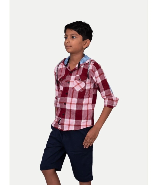 Radprix Boys Beige & Red Check Hooded Yarndye Shirt: A Fashionable Statement for Young Trendsetters. This Shirt Features a Classic Beige and Red Check Pattern, Perfect for Adding a Pop of Co