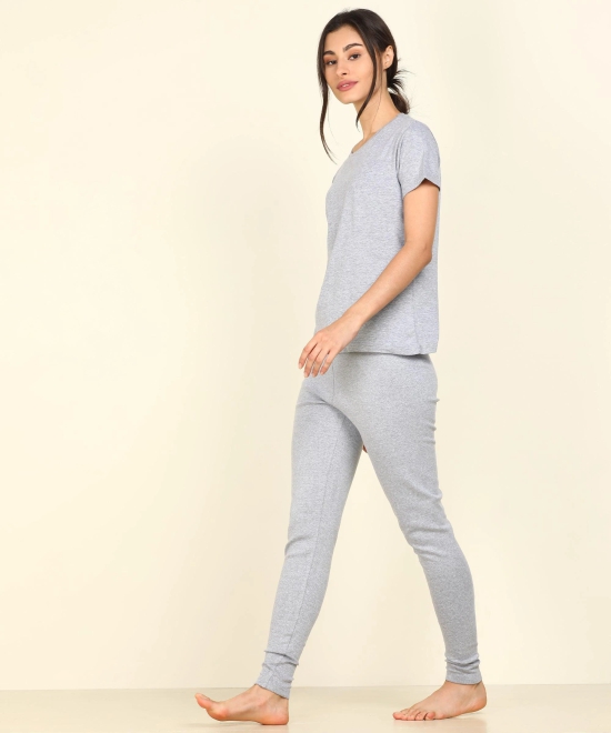 Womens Lounge Wear Regular Fit T-Shirt And Solid Tights Set-XL / Grey