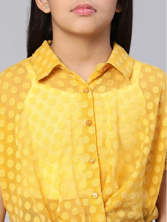 Oxolloxo Girls Yellow Self Design Shirt Style Crop Top