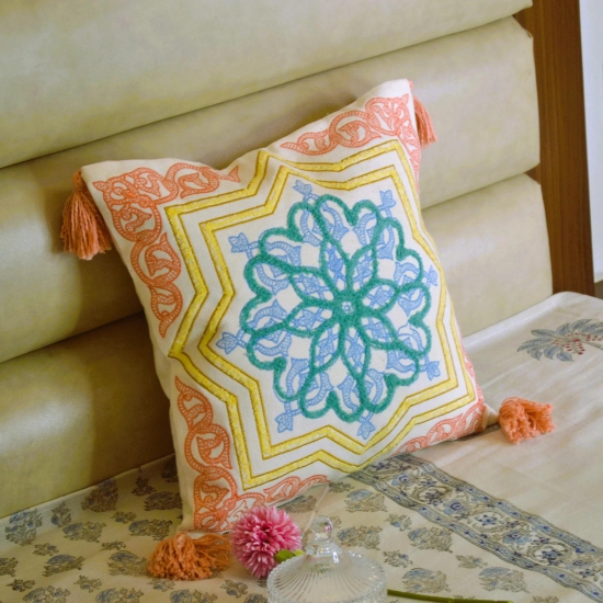 Embroidery  Tufted Cushion Cover-Peach-16x16