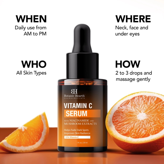 Botanic Hearth Vitamin C Face Serum: Niacinamide, Hyaluronic Acid, Allantoin, Cica, Ferulic Acid, Vitamin E. Targets dark spots, sun damage, wrinkles.-Botanic Hearth 15% Vitamin C Face Serum: Tar