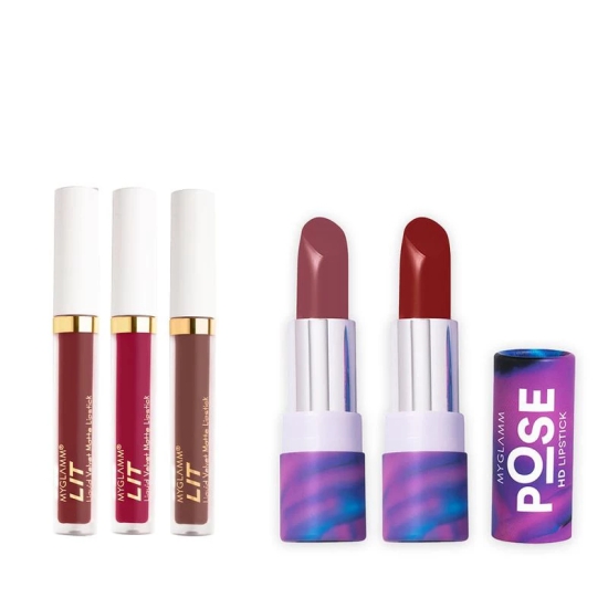 MyGlamm Combo of POSE HD Lipstick + Velvet Matte Liquid Lipstick | Matte Finish HD Lipstick & Hydrating, Creamy, Full Coverage Liquid Lipstick