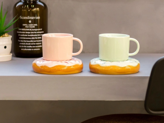 K-Inspired Macaroon Coffee Mug with Doughnut Saucer-Light Pink