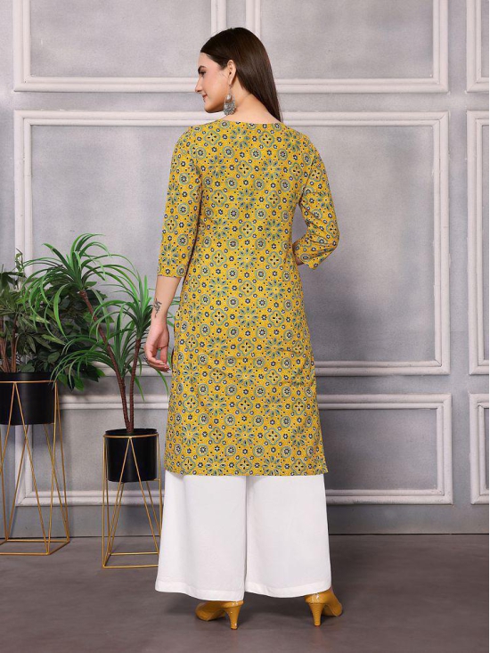 Rangita Women Cotton Mustard Printed Knee Length Straight Kurti - None