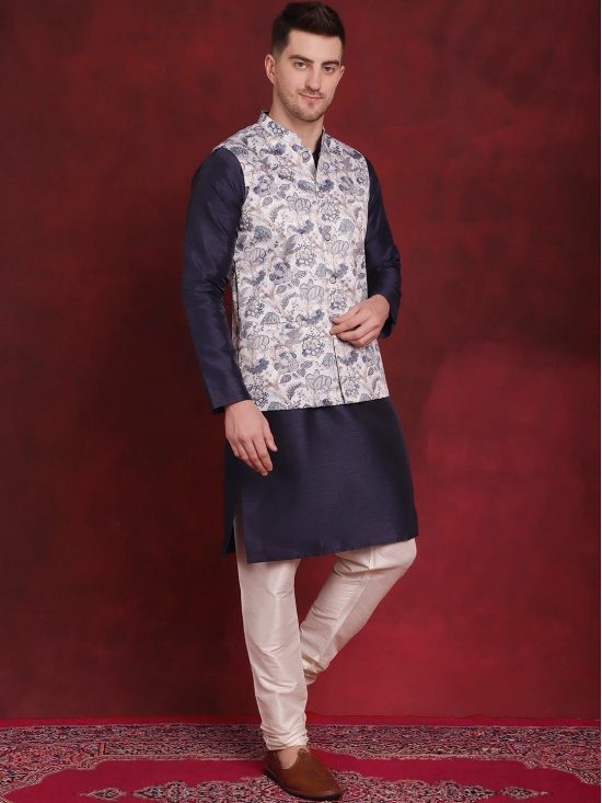 White Floral Printed Nehru Jacket With Kurta Pyjama Set-XL / White