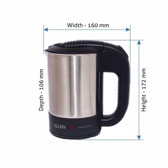 Glen Electric Travel Kettle 0.5 Litre Stainless Steel 2 Plastic cups, Auto Shut-off 1000 W -Silver and Black (9013), 2 years warranty