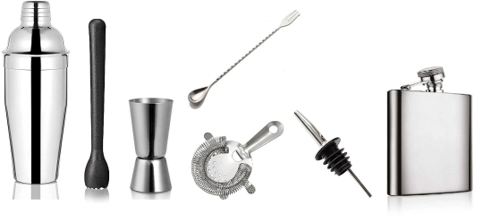 Dynore Stainless Steel 7 Pcs Multiutility Bar Set- Fork Bar Spoon, Delux Cocktail Shaker 750 ml, Black PVC Muddler, Cocktail Strainer, Tall Peg Measure 30/60 ml, 1 Wine Pourer, Hip Flask 7 oz