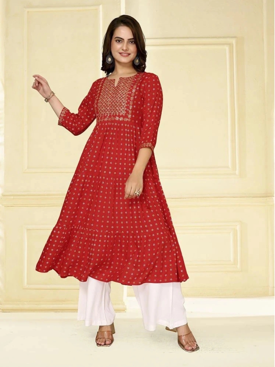 Rangita Women Red Rayon Embroidered Calf Length Tiered Flared Kurta - None