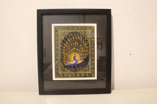 Miniature Painting Black Peacock Design Silk With Frame 7*5