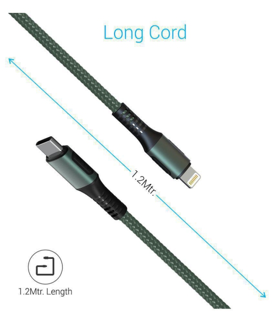 Portronics Konnect CL to 8 Pin Type C:3A Type-C to 8 Pin USB Cable 1.2 Mtr. ,Green (POR 1067) - Green