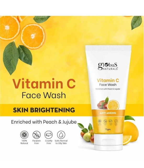 Globus Naturals Anti-Ageing Skin Brightening Vitamin C Face Wash, Enriched with Peach & Jujube, Skin Illuminating & Tan Removal Formula, For All Skin Types, Both Men & Women (75 g)