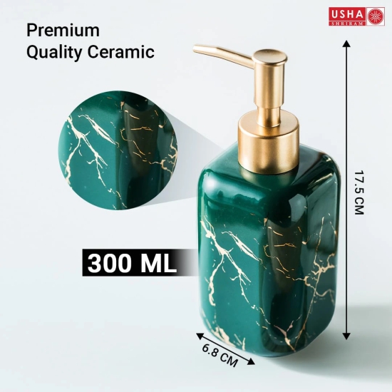 USHA SHRIRAM 300ml Ceramic Soap Dispenser Set, Green, Pack of 2-USHA SHRIRAM 300ml Ceramic Soap & Lotion Dispenser Set, Kitchen Dish Soap Pump, Hand Shower Washing, Design 2 - Green, Pack of 2.