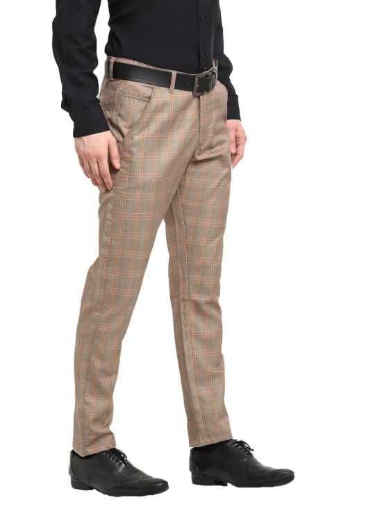 Indian Needle Men's Brown Cotton Checked Formal Trousers-30 / Brown