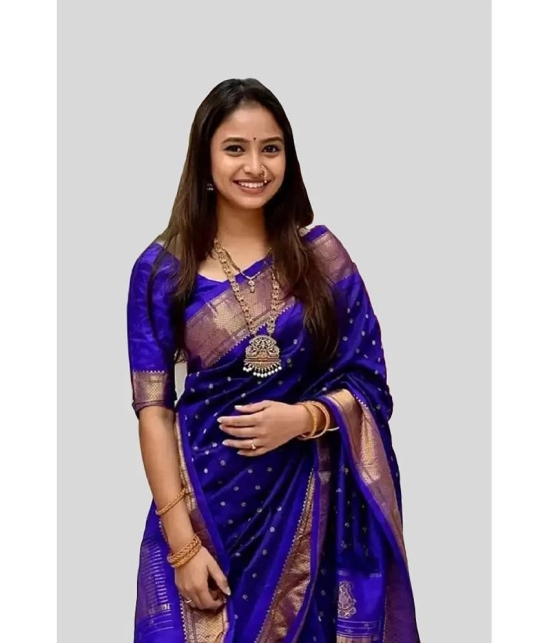 Gazal Fashions Banarasi Silk Embellished Saree With Blouse Piece - Blue ( Pack of 1 ) - Blue