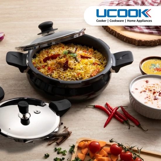 UCOOK By UNITED Ekta Engg. Hard Anodised Duo Lid 2 in 1 Induction Base 3 Litre Handi Shape Multipurpose All in one Outer Lid Pressure Cooker, Black