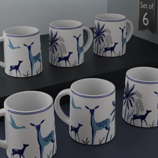 The Earth Store Stag Blue Coffee Mug Set of 6 to Gift to Best Friends, Coffee Mugs, Microwave Safe Ceramic Mugs,(300 ml Each)