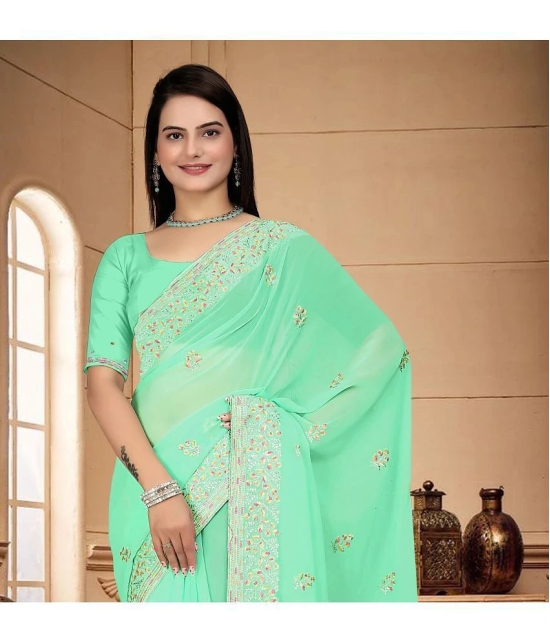 Om Shantam Sarees Georgette Embroidered Saree With Blouse Piece - Sea Green ( Pack of 1 ) - Sea Green