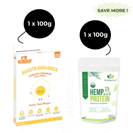 Healing Leaf Hemp Protien Powder for Pets and Fresh For Paws Eggstravaganza Dog Wet Food Combo-100g+100g