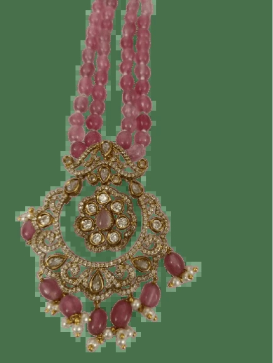 Pink Beaded Necklace with Gold and Diamond Pendant