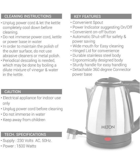 Milton Go Electro 1.2 Stainless Steel Electric Kettle, 1 Piece, 1200 ml, Silver | Power Indicator | 1500 Watts | Auto Cut-off | Detachable 360 Degree Connector | Boiler for Water - Silver