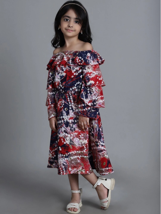 MINI & MING Girls Abstract Printed Off-Shoulder Crepe Layered A-Line Midi Dress