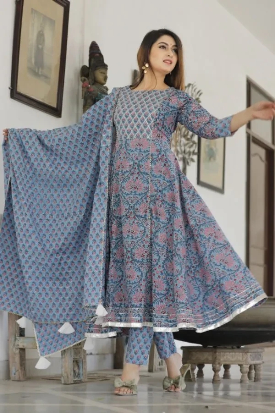 Dodge Blue Hand Block Printed Aanarkali Set XL