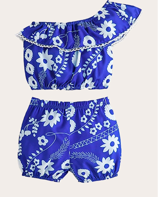 Girls One Shoulder Printed Crop Top & Shorts Set Kids Summer Clothes-Blue / 4 - 5 Years