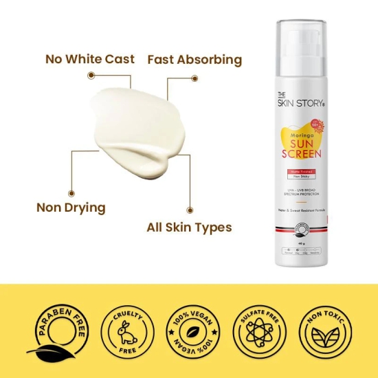 Moringa Sunscreen SPF 50 Broad Spectrum UVA/UVB Protection, Anti-Aging, No White Cast (40 GM)