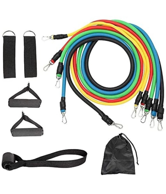 Rubber Resistance Band Exercise, Stretching and Workout Toning Tube Kit with Handles, Door Anchor, Ankle Strap, Set of 11, Pack of 1 - Multi Color