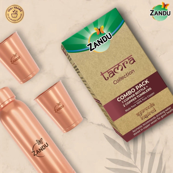 Zandu Copper Combo Pack (950ml Copper Bottle + 2x300ml Copper Tumblers)