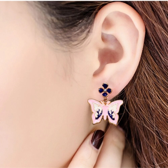 Pink Butterfly Earrings with Flower Studs