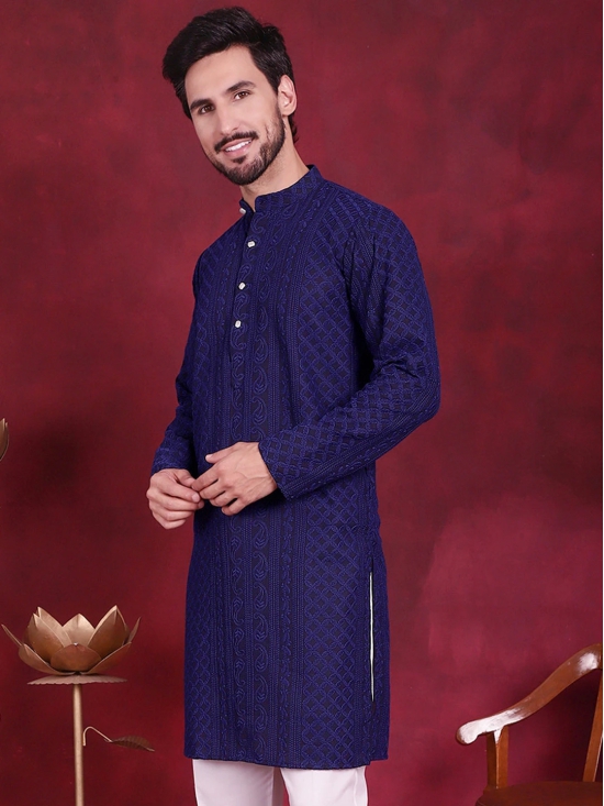 Mens Chikankari Embroidered Kurtas.-S / Navy-Blue