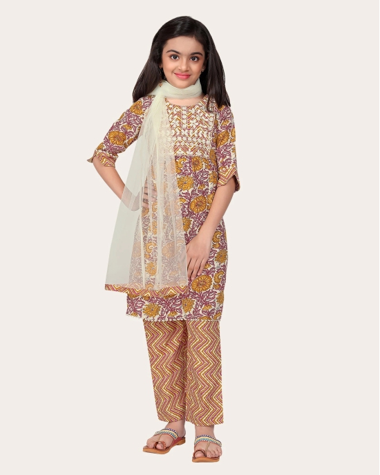 Kids Girls Embrodeary Cotton Printed Fullstiched Nayara Cut Kurtis with Bottom Dupatta set, Kid dresses-Yellow / 6 - 7 Years