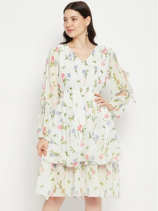 Floral Printed Puff Sleeves Fringed Layered Fit & Flare Dress