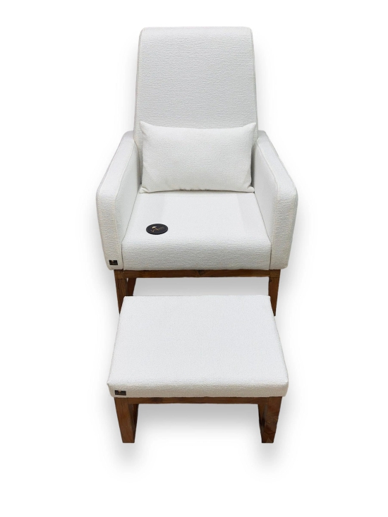 Wooden Twist Boucle Fabric Comfortable Cushion Nursery Rocking Chair with Ottoman-White