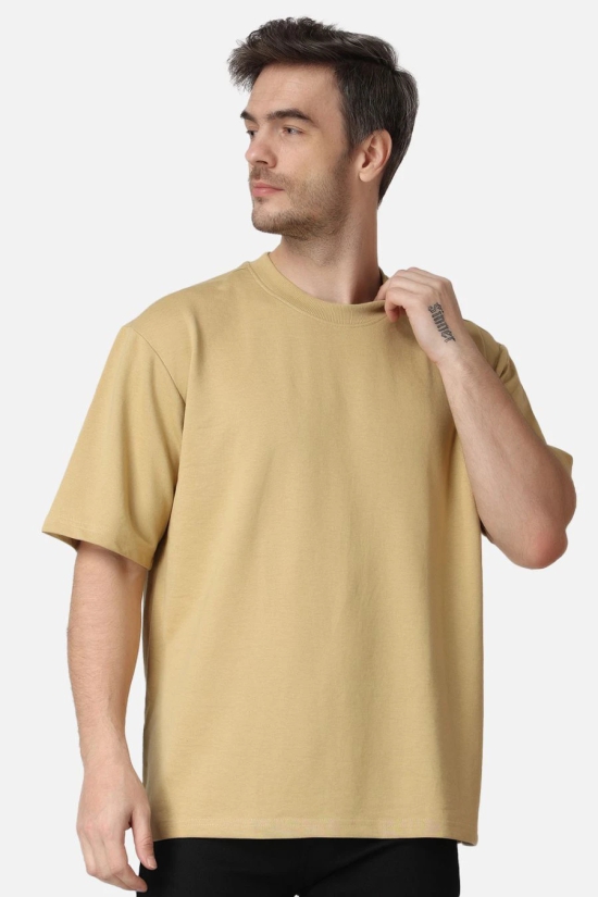 Beige Plain Oversized Drop Shoulder T-Shirt-M / Beige