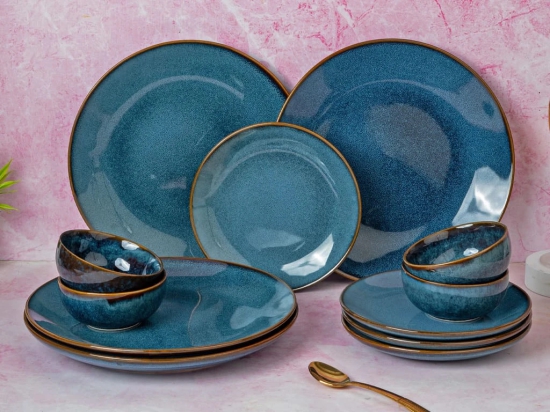 Handcrafted Stoneware Reactive Glaze Ceramic Dinner Set, 12 Pieces Serving for 4, Microwave and Dishwasher Safe, Bone-ash Free, Crockery Set for Dining and Gifting, Greenish Blue