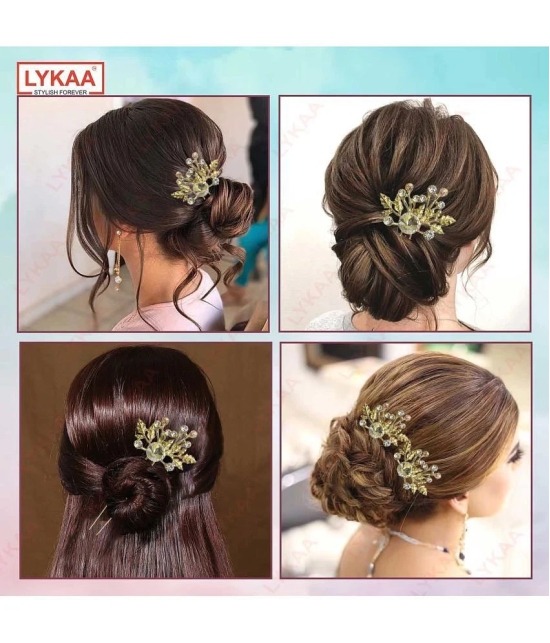 LYKAA Flower Hair Clips for Women Girls, Stylish Rhinestones Bun Hairpin Crystal Pearls Bun - 2 Pcs - Gold